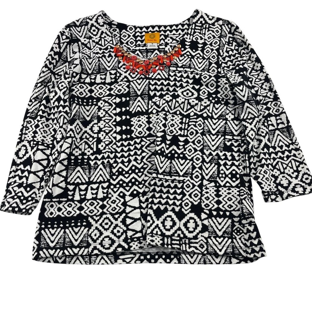 Ruby Rd. Women's Black & White Geometric Pattern Top‎ Beaded Neckline Medium
